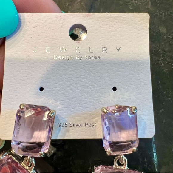925 Sterling Silver double square Gold & Baby Pink crystal dangle drop earrings - Picture 2 of 6
